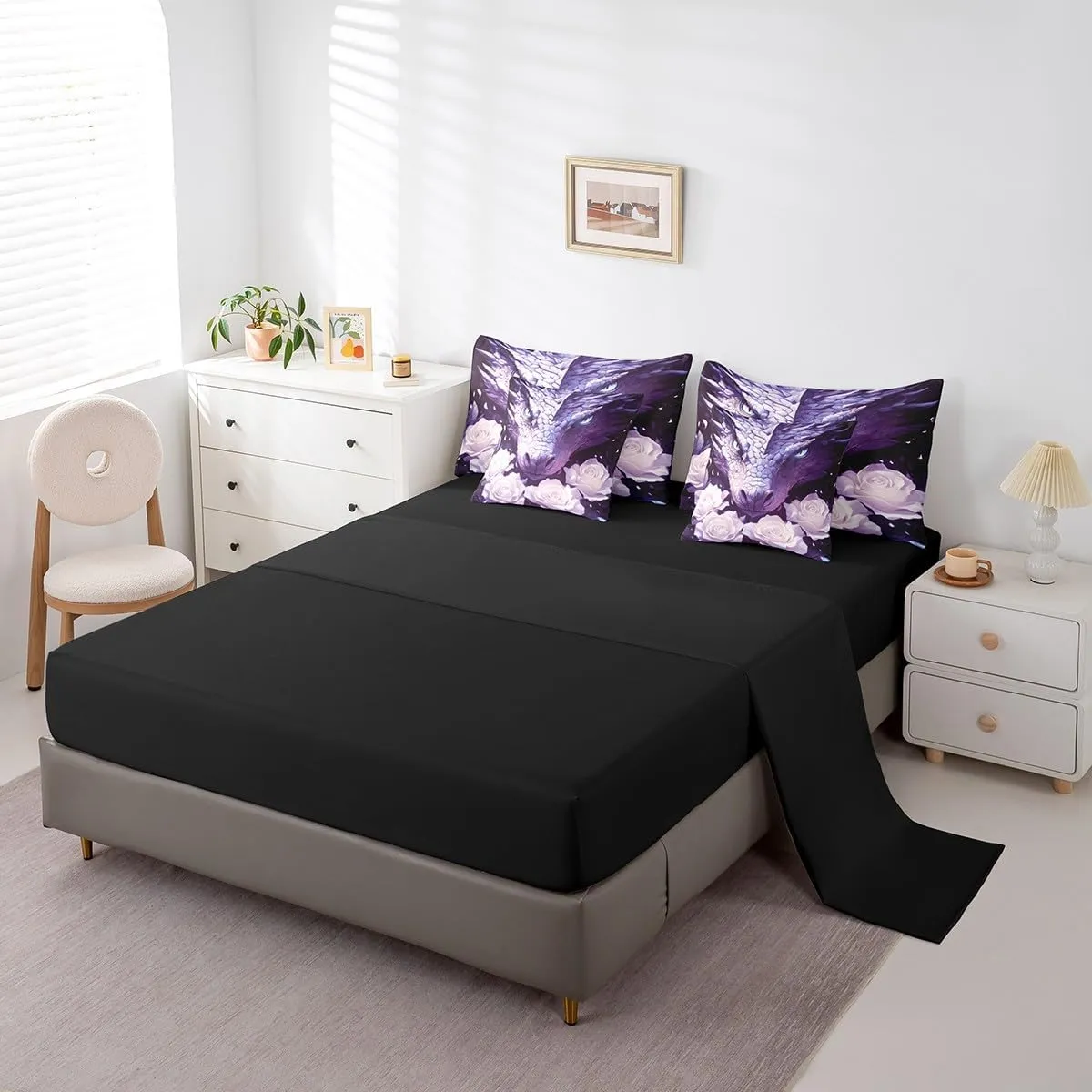 jejeloiu Purple Western Dragon Queen Comforter Set with Sheets Rose 7 Pieces Bedding Set Queen Size for Kids Boys Girls Teens Rose Floral Flower Bed Set Wild Animals Bed in a Bag