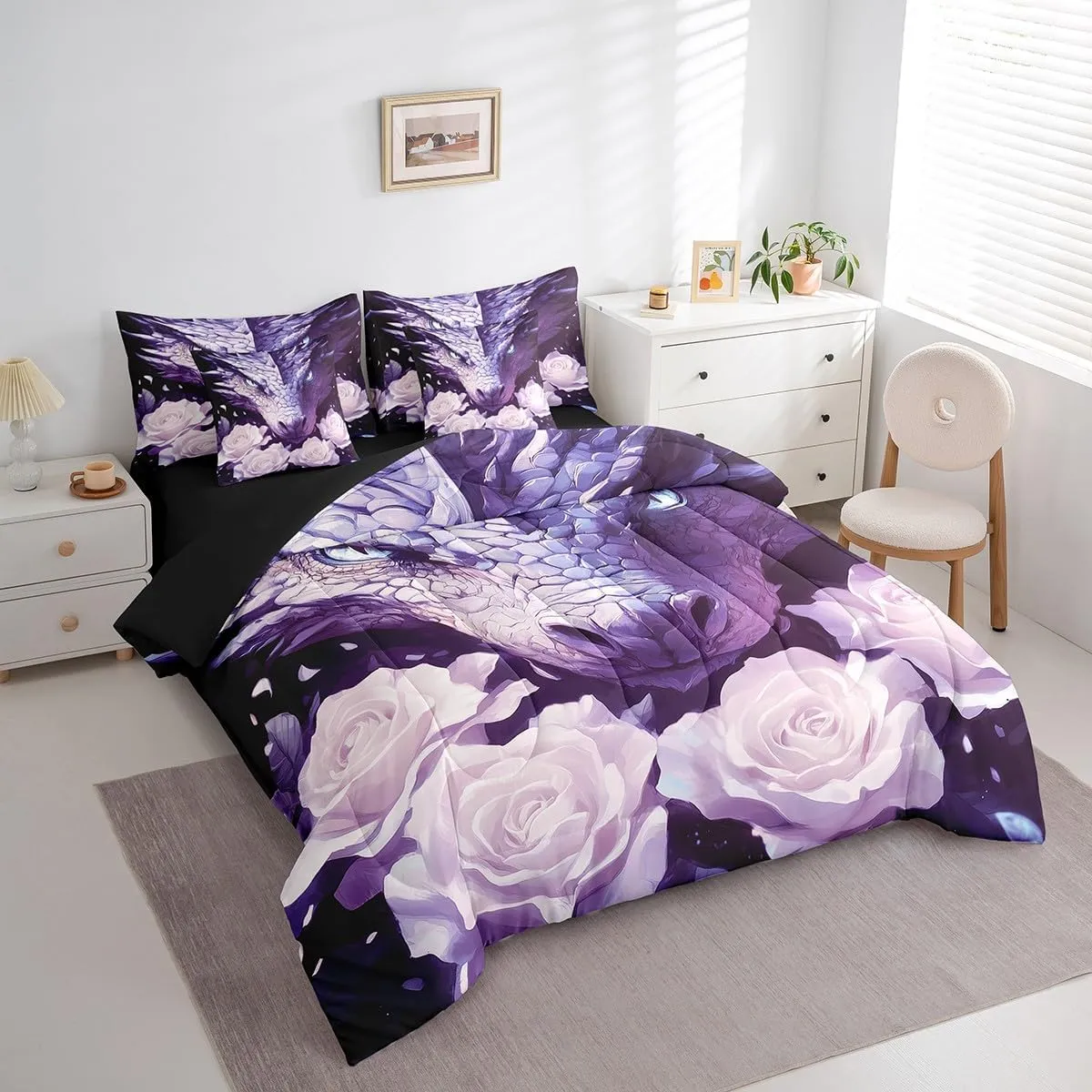 jejeloiu Purple Western Dragon Queen Comforter Set with Sheets Rose 7 Pieces Bedding Set Queen Size for Kids Boys Girls Teens Rose Floral Flower Bed Set Wild Animals Bed in a Bag