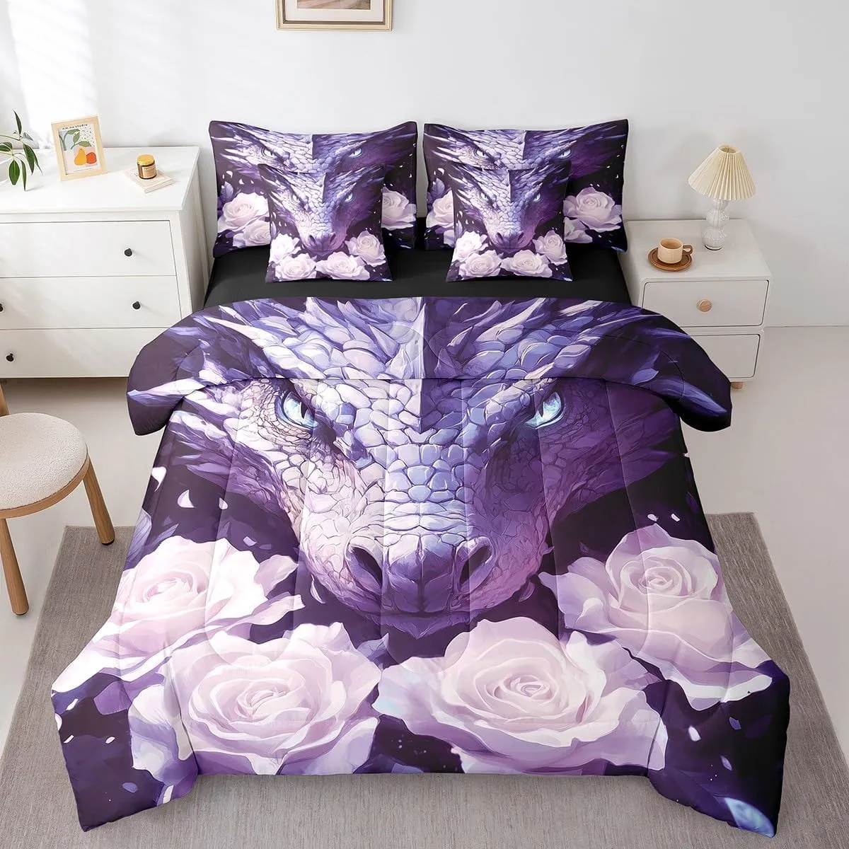 jejeloiu Purple Western Dragon Queen Comforter Set with Sheets Rose 7 Pieces Bedding Set Queen Size for Kids Boys Girls Teens Rose Floral Flower Bed Set Wild Animals Bed in a Bag