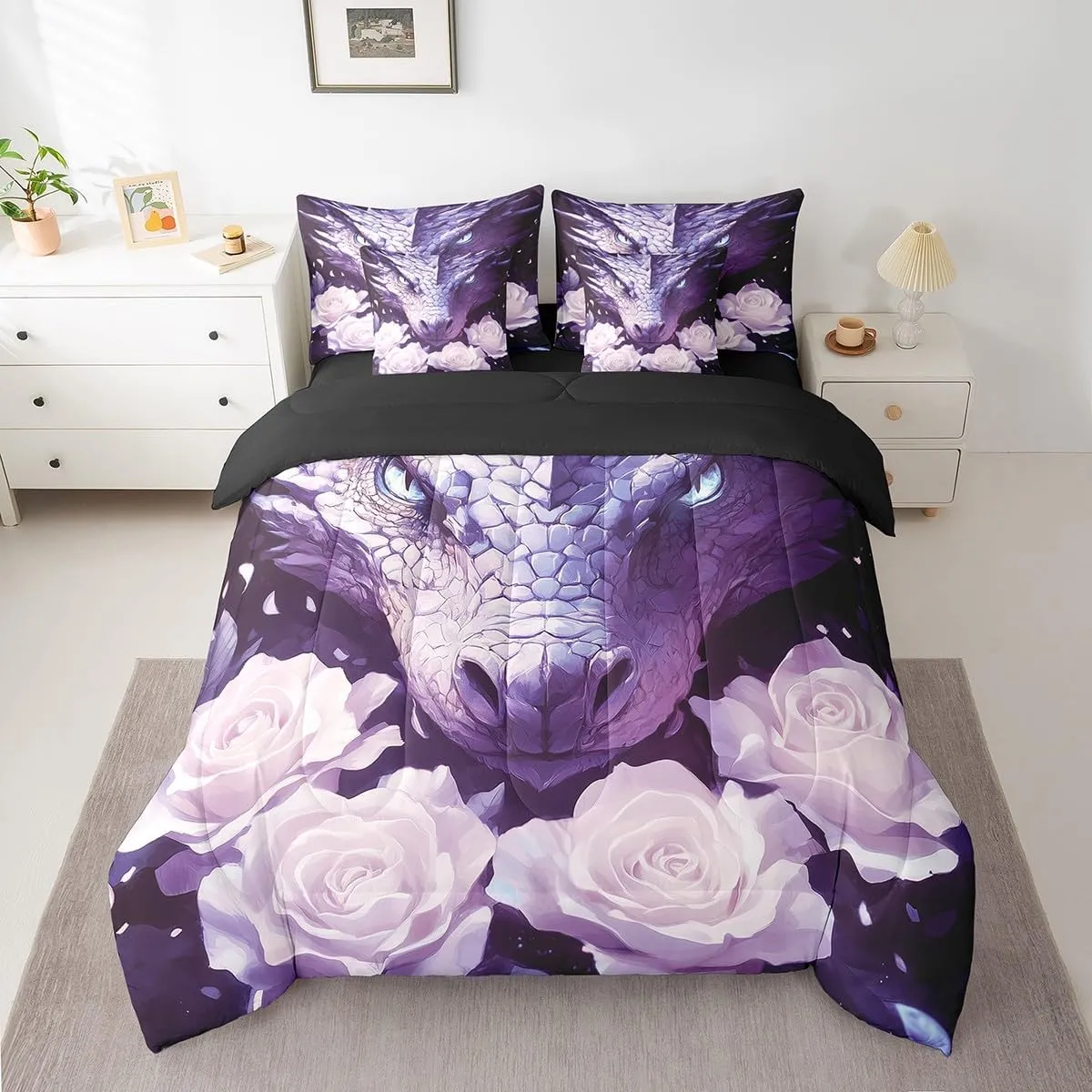 jejeloiu Purple Western Dragon Queen Comforter Set with Sheets Rose 7 Pieces Bedding Set Queen Size for Kids Boys Girls Teens Rose Floral Flower Bed Set Wild Animals Bed in a Bag