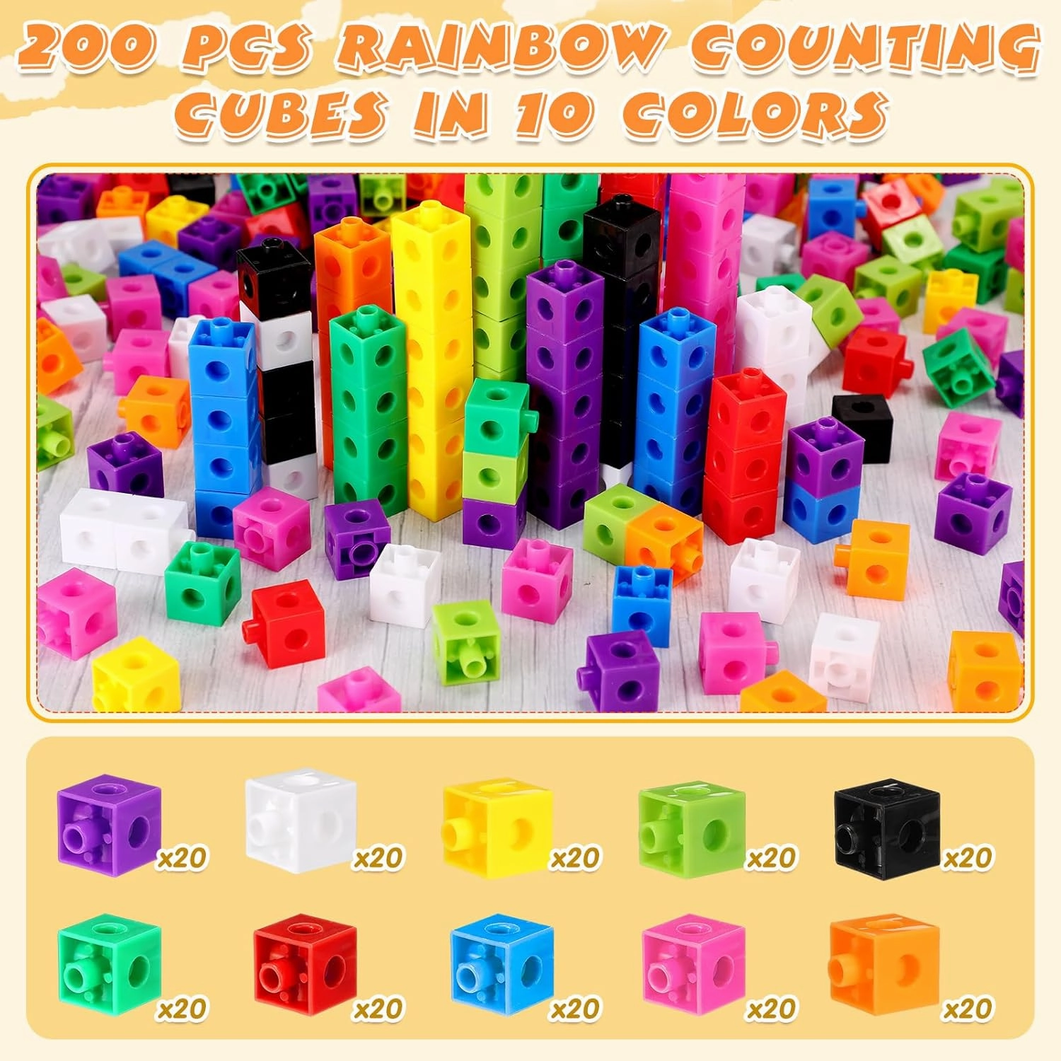 Jenaai 200 Pcs Math Cubes Counting Blocks Linking Connecting Cubes Math Manipulatives with Storage Container Educational Toy for Kids Age 4-8 Kindergarten STEM Activities Preschool(Blue)