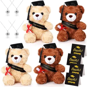 Jexine 12 Pcs Class of 2025 Graduation Bears 4 Plush Stuffed Bears with Graduation Caps Diploma Congratulations Sash 4 Congrats Cards 4 Compass Necklace for School Gifts Party Decor(Black Cap)