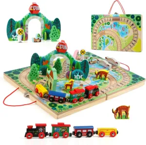Joqutoys 18 Piece Train Set for Toddlers, Wooden Take-Along Tabletop Railroad for Kids Age 3 , Portable Durable Train Tracks Train Toys with 4 Trains, Bridge, Play Pieces
