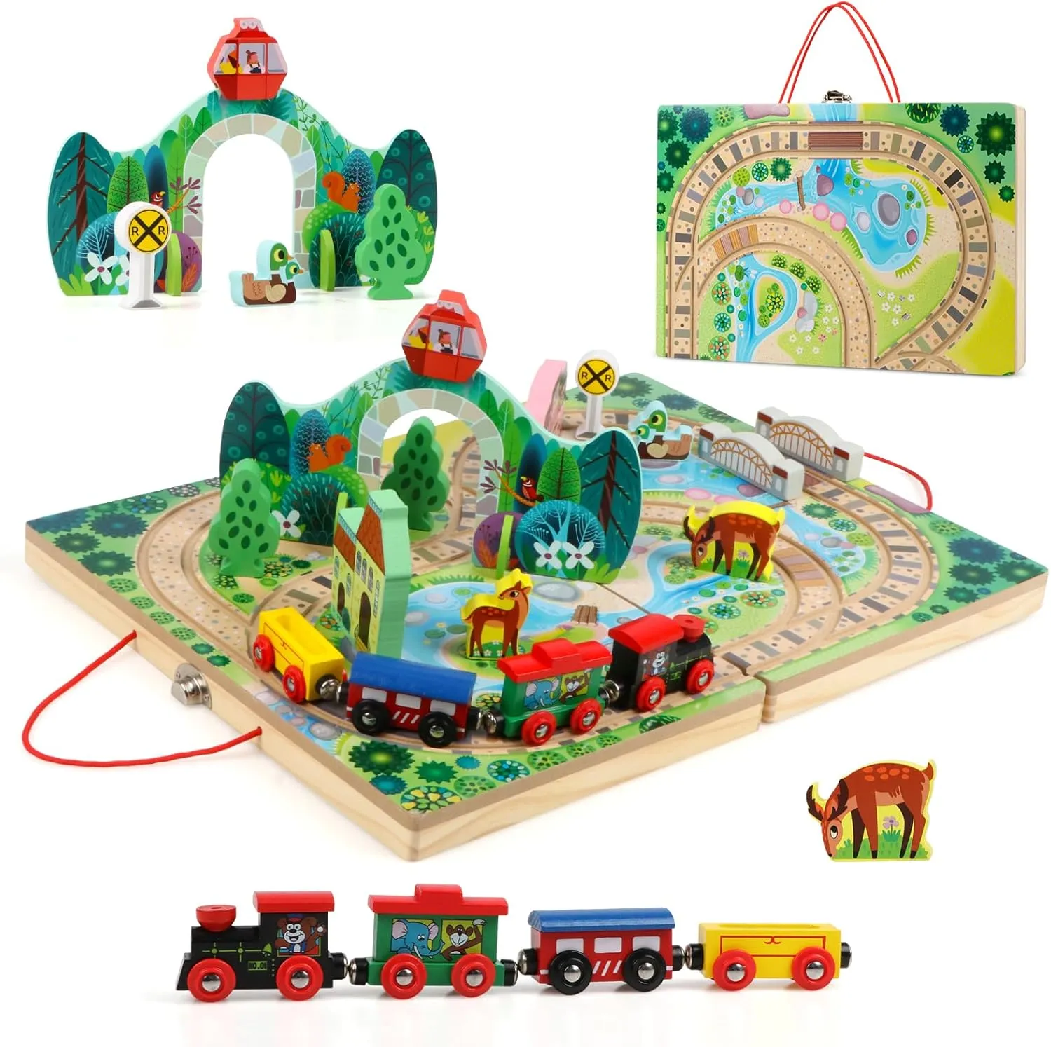 Joqutoys 18 Piece Train Set for Toddlers, Wooden Take-Along Tabletop Railroad for Kids Age 3 , Portable Durable Train Tracks Train Toys with 4 Trains, Bridge, Play Pieces