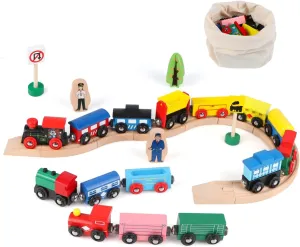 Joqutoys 31 PCS Wooden Train Cars - Magnetic Train Set Includes 15 Cars, 10 Bonus Connectors & Storage Bag, Wooden Train Set Toy Train for Kids Toddlers, Compatible with Major Brands Train Tracks Set