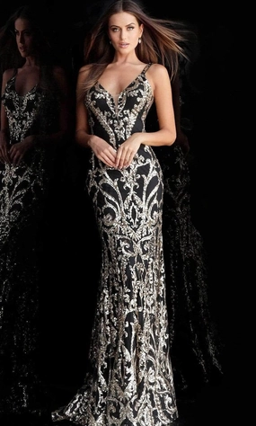 Jovani 63350SC - Sequined V-Cut Back Long Gown