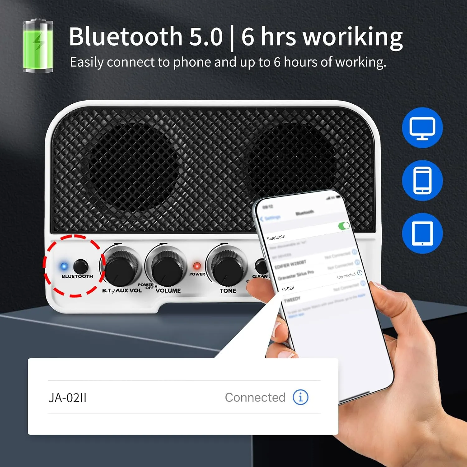 JOYO Mini Guitar Amplifier 5W Electric Guitar Amp Small Practice Amp with Bluetooth Clean & Overdrive Channels Portable Rechargeable (JA-02 II Black)