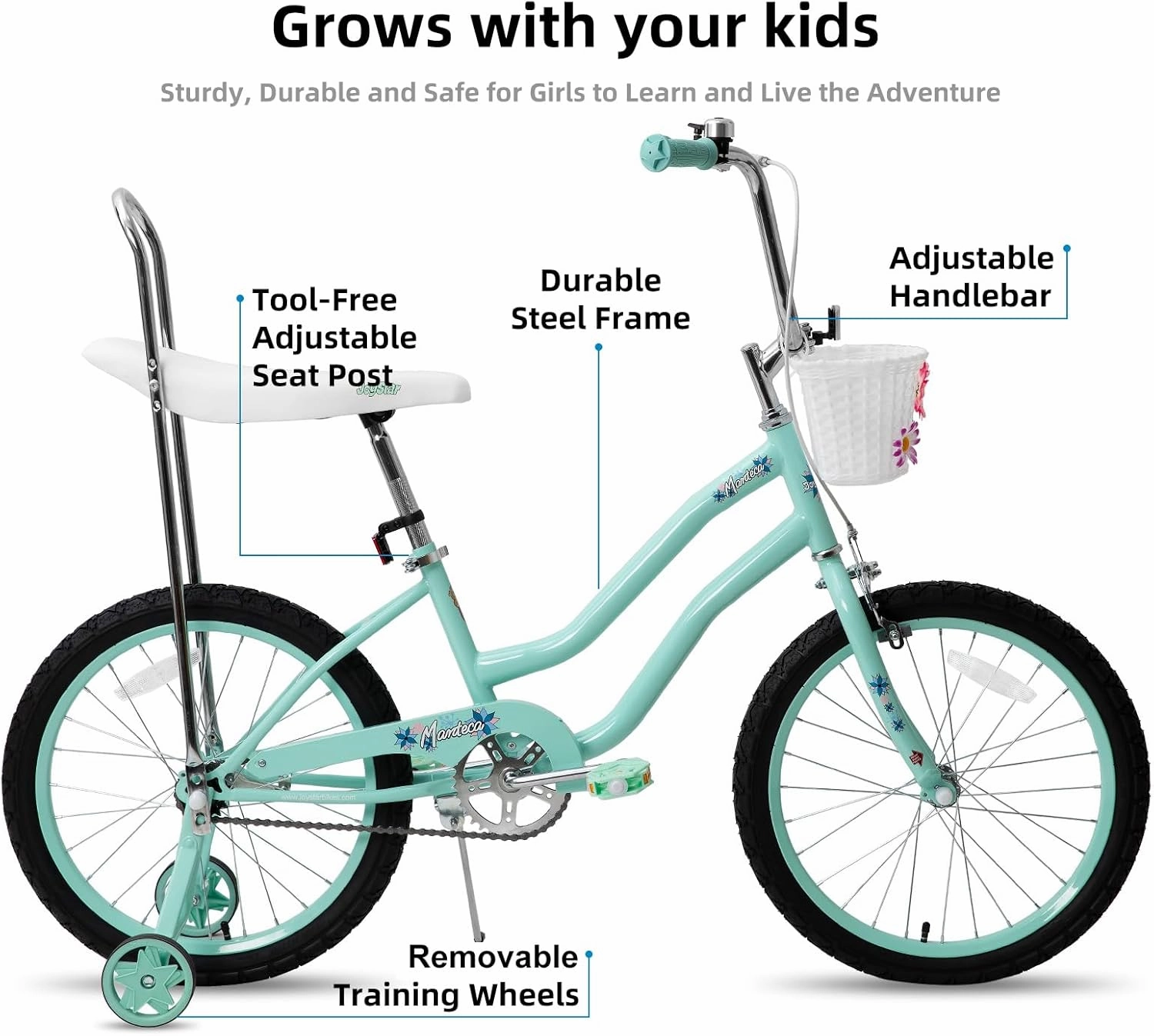 JOYSTAR 20 Inch Kids Bike with Training Wheels & Banana Seat, for Girls Ages 7 and Up, Kids' Lowrider Bicycle with Front Handbrake and Coaster Brakes, High Rise Handlebar - Multi Color
