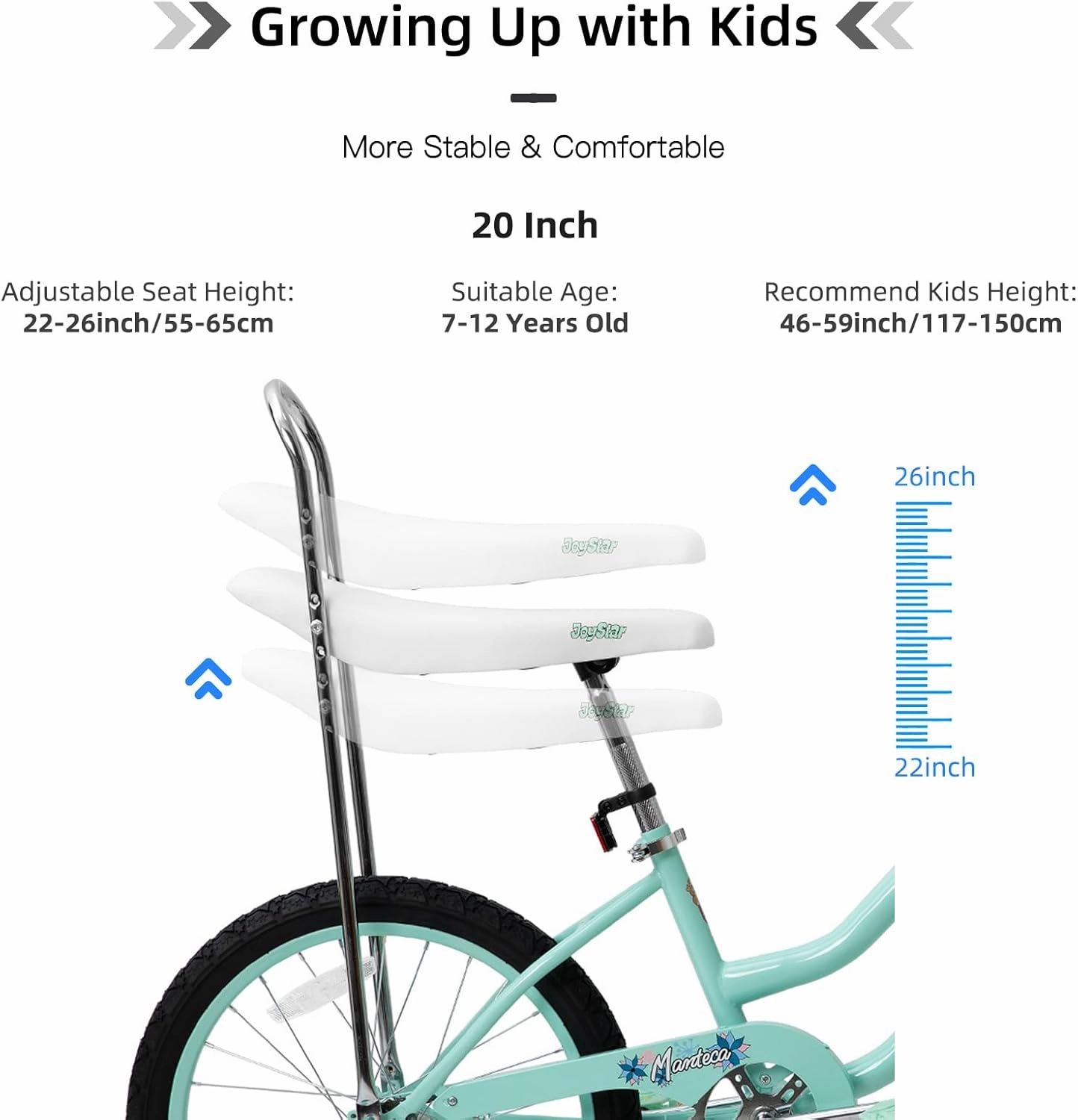 JOYSTAR 20 Inch Kids Bike with Training Wheels & Banana Seat, for Girls Ages 7 and Up, Kids' Lowrider Bicycle with Front Handbrake and Coaster Brakes, High Rise Handlebar - Multi Color