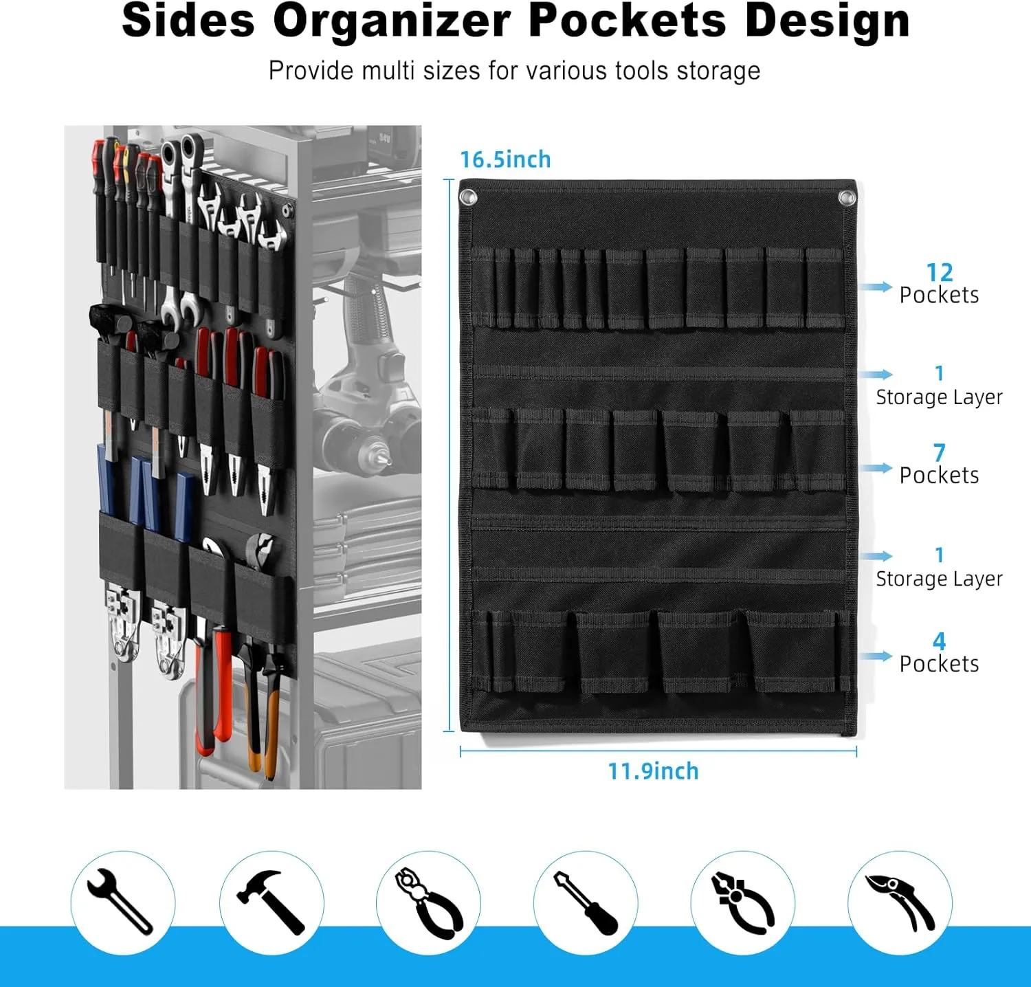 JUNNUJ Large Power Tool Organizer Cart with Charging Station, Garage Floor Standing Rolling Drill and Tools Battery Storage Cart on Wheels, Heavy Duty Rack Shelf with 8 Outlet 10 FT Power Strip, Black