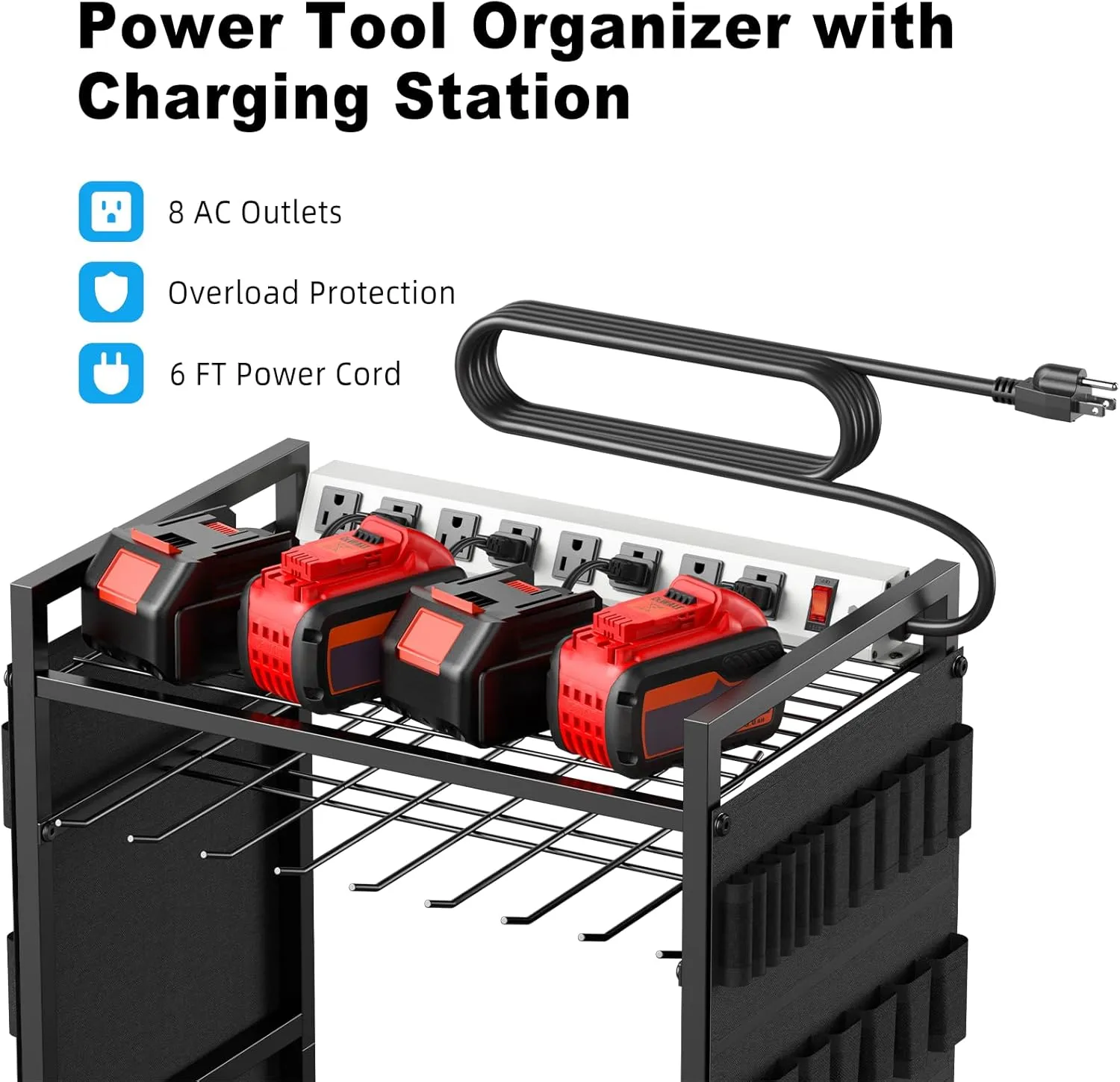 JUNNUJ Large Power Tool Organizer Cart with Charging Station, Garage Floor Standing Rolling Drill and Tools Battery Storage Cart on Wheels, Heavy Duty Rack Shelf with 8 Outlet 10 FT Power Strip, Black