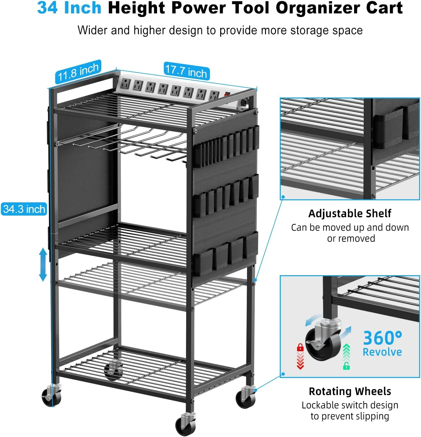 JUNNUJ Large Power Tool Organizer Cart with Charging Station, Garage Floor Standing Rolling Drill and Tools Battery Storage Cart on Wheels, Heavy Duty Rack Shelf with 8 Outlet 10 FT Power Strip, Black