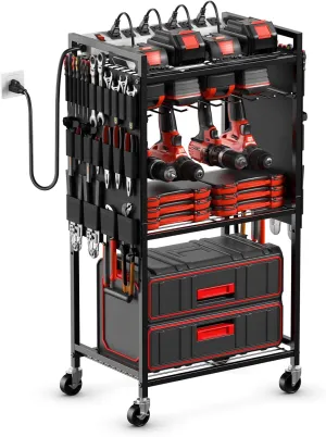 JUNNUJ Large Power Tool Organizer Cart with Charging Station, Garage Floor Standing Rolling Drill and Tools Battery Storage Cart on Wheels, Heavy Duty Rack Shelf with 8 Outlet 10 FT Power Strip, Black