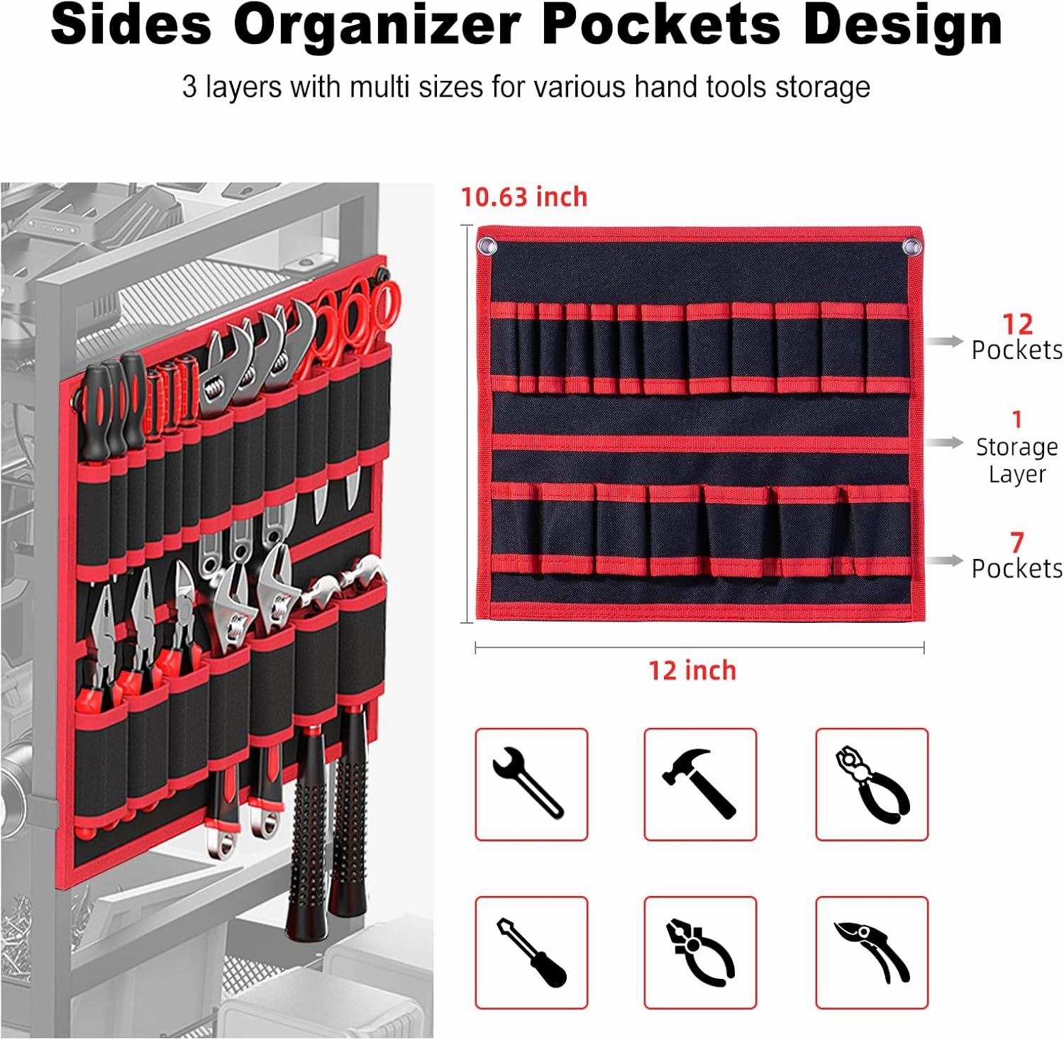 JUNNUJ Garage Large Power Tool Organizer Cart with 10 FT 20A Charing Station, Heavy Duty Drill and Tools Battery Holder Storage Rack, Floor Standing Rolling Tool Cart on Wheels, Red