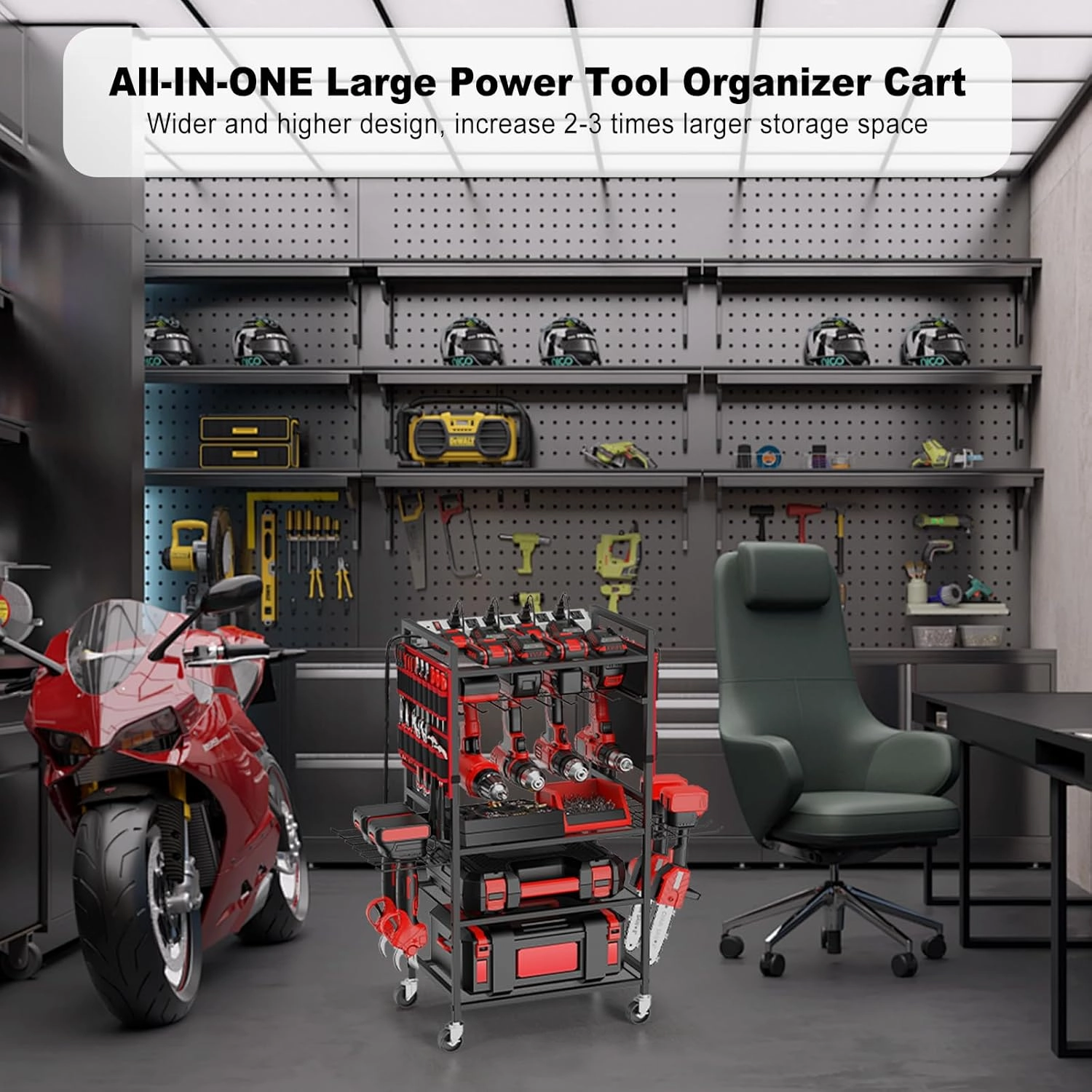 JUNNUJ Garage Large Power Tool Organizer Cart with 10 FT 20A Charing Station, Heavy Duty Drill and Tools Battery Holder Storage Rack, Floor Standing Rolling Tool Cart on Wheels, Red