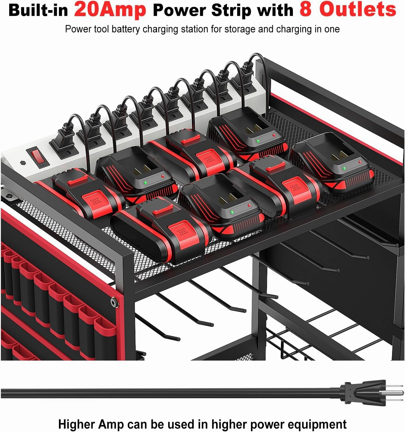 JUNNUJ Garage Large Power Tool Organizer Cart with 10 FT 20A Charing Station, Heavy Duty Drill and Tools Battery Holder Storage Rack, Floor Standing Rolling Tool Cart on Wheels, Red