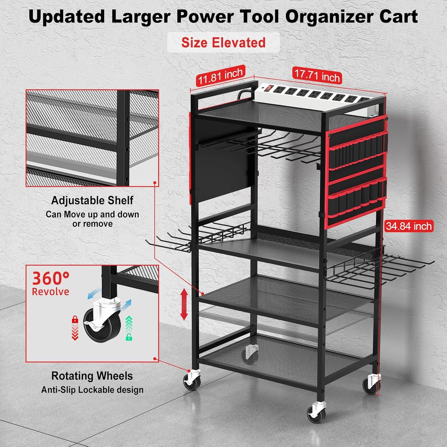 JUNNUJ Garage Large Power Tool Organizer Cart with 10 FT 20A Charing Station, Heavy Duty Drill and Tools Battery Holder Storage Rack, Floor Standing Rolling Tool Cart on Wheels, Red