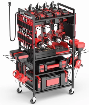 JUNNUJ Garage Large Power Tool Organizer Cart with 10 FT 20A Charing Station, Heavy Duty Drill and Tools Battery Holder Storage Rack, Floor Standing Rolling Tool Cart on Wheels, Red