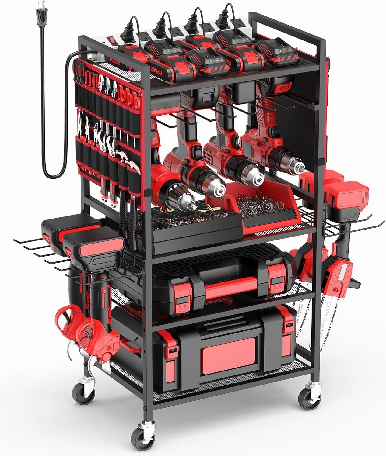 JUNNUJ Garage Large Power Tool Organizer Cart with 10 FT 20A Charing Station, Heavy Duty Drill and Tools Battery Holder Storage Rack, Floor Standing Rolling Tool Cart on Wheels, Red