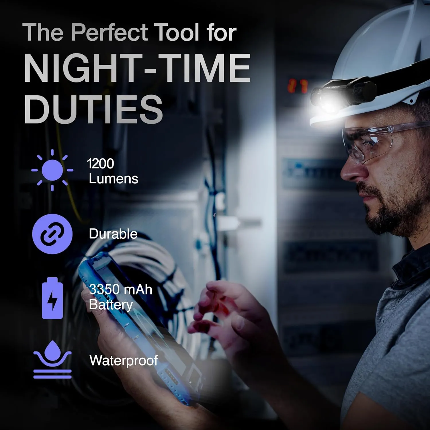 K-Bern Hard Hat Headlamp. Rechargeable. 1200 Lumen, Ultra Bright Head Lights for Forehead. Waterproof, Lightweight Aluminum, 3350mAh Battery, Perfect for Dog Walking, Camping, Hiking & Projects
