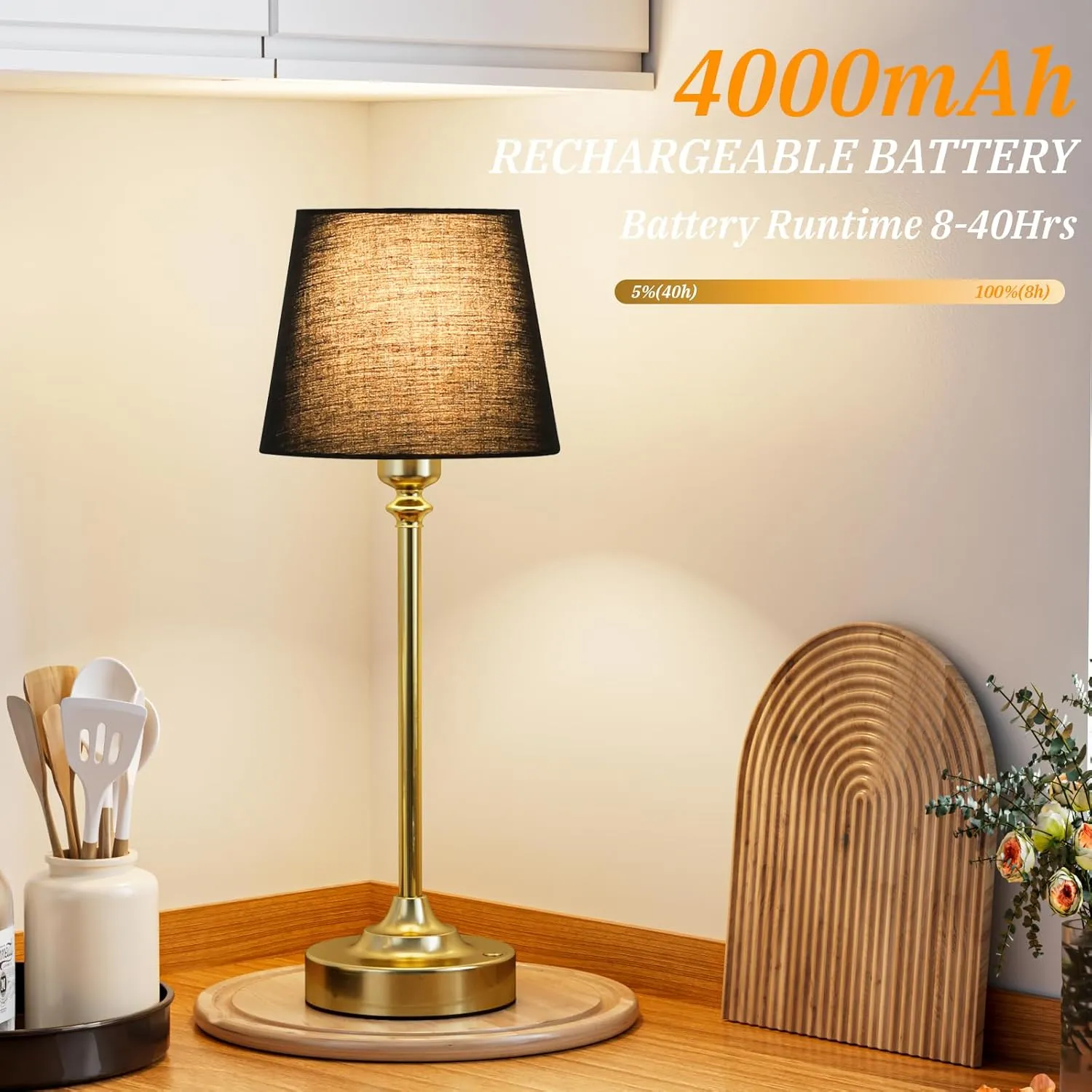 Kakanuo Cordless Table Lamps Rechargeable Set - 2 Pack Brass 4000mAH Battery Operated Lamps for Decor, 3000K Stepless Dimming Touch Wireless Lamp for Bedroom, Dining Table, Living Room, Black Shade
