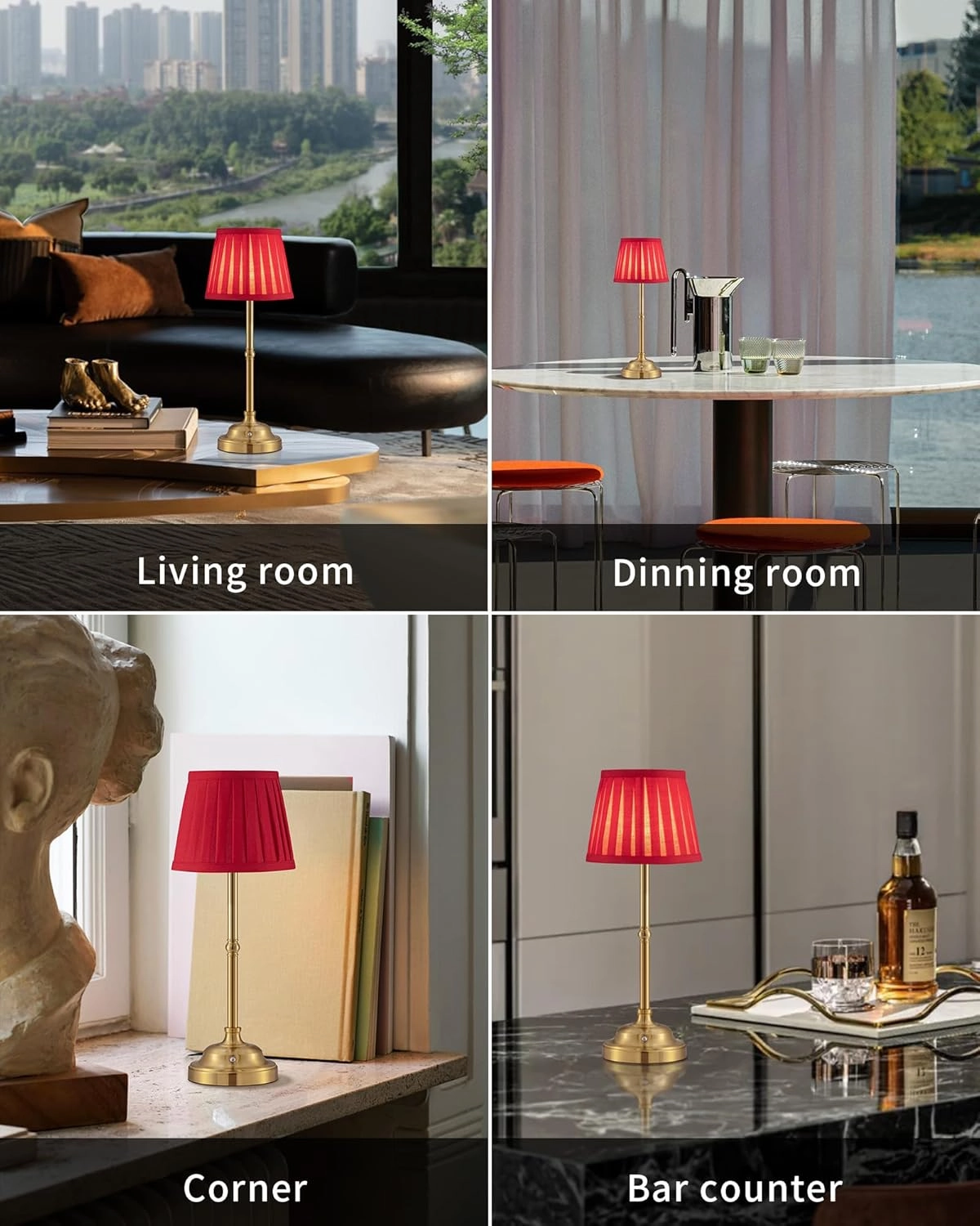 KDG Cordless LED Table Lamp Set of 2, Portables Fabric Shade Desk Lamps, 5000mAh Rechargeable Battery Powered Lighting, Dimmable Light for Dining Room, Bedroom, Bedside, Night Light, Balcony (Red)