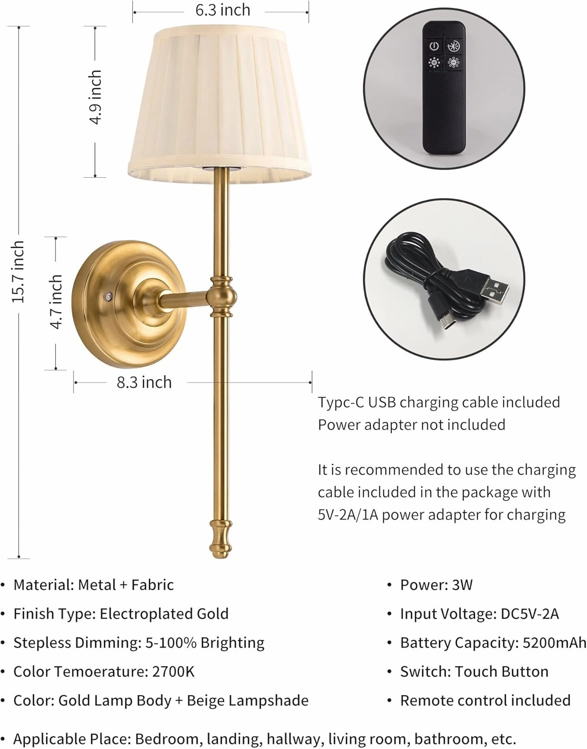 KDG Cordless Wall Sconces Set of 2, Small Wireless 5200mAh Rechargeable Battery Fabric LED Wall Lamps, Portables Lightings for Wall Painting, Living Room, Bedroom, Hallway, Gifts, Night Light (Gold)