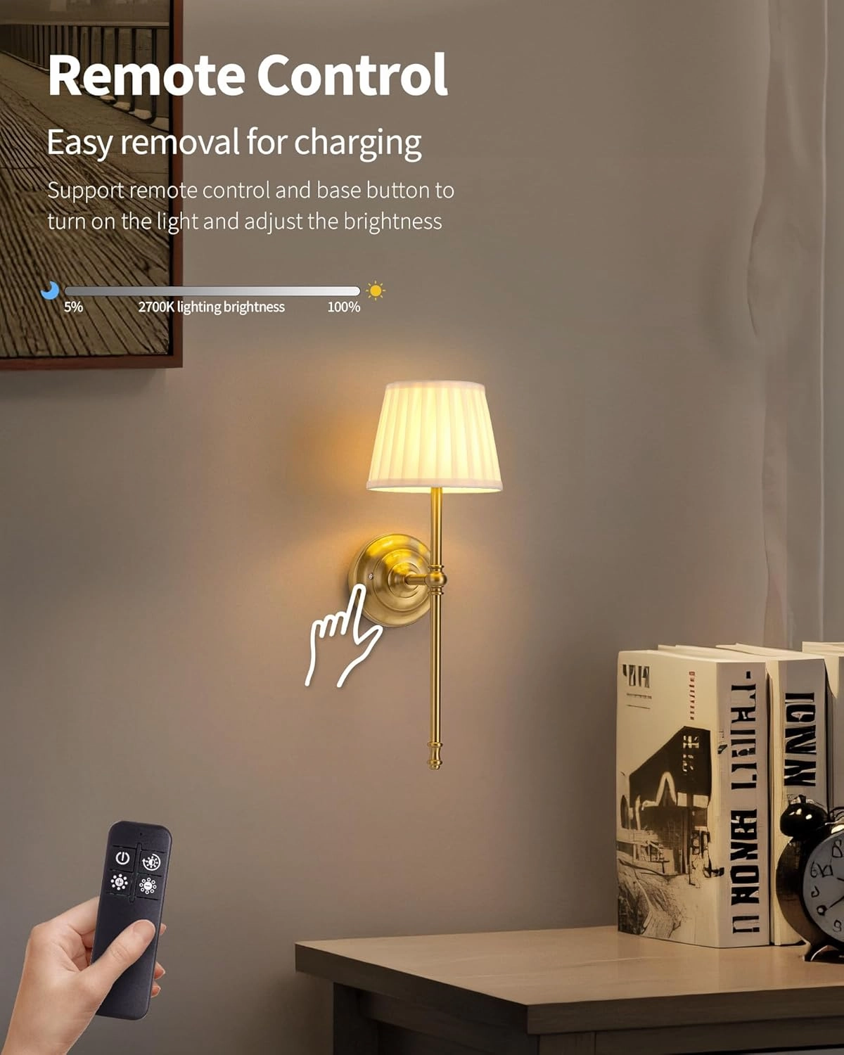 KDG Cordless Wall Sconces Set of 2, Small Wireless 5200mAh Rechargeable Battery Fabric LED Wall Lamps, Portables Lightings for Wall Painting, Living Room, Bedroom, Hallway, Gifts, Night Light (Gold)