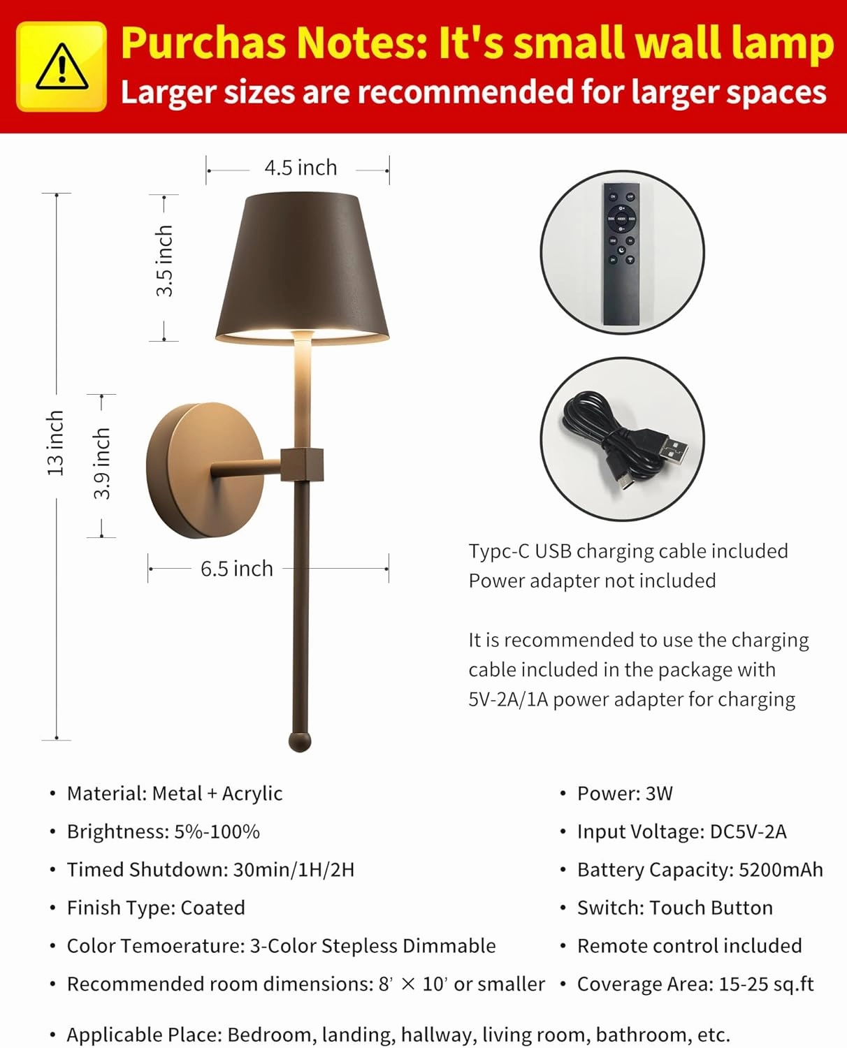 KDG Cordless Wall Sconces Set of 2, Wireless 5200mAh Rechargeable Battery LED Wall Lamps, Wall Lightings for Wall Painting, Outdoor, Garden, Living Room, Bedside, Hallway, Gifts, Night Light (Brown)