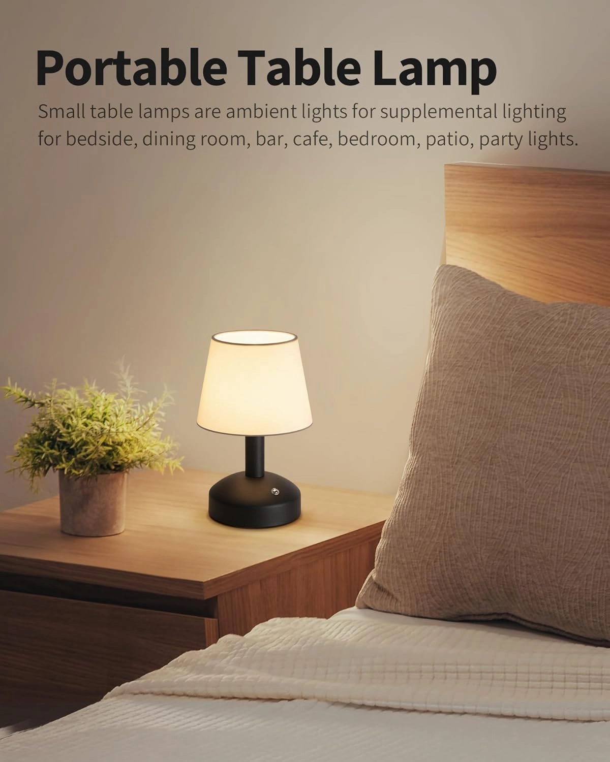 KDG Modern Cordless Small Table Lamp Set of 2, Portable LED Fabric Shade Desk Lamps, 5000mAh Rechargeable Battery Operated Lighting for Bedroom, Bedside, Bar, Living Room, Dining Room (Black)