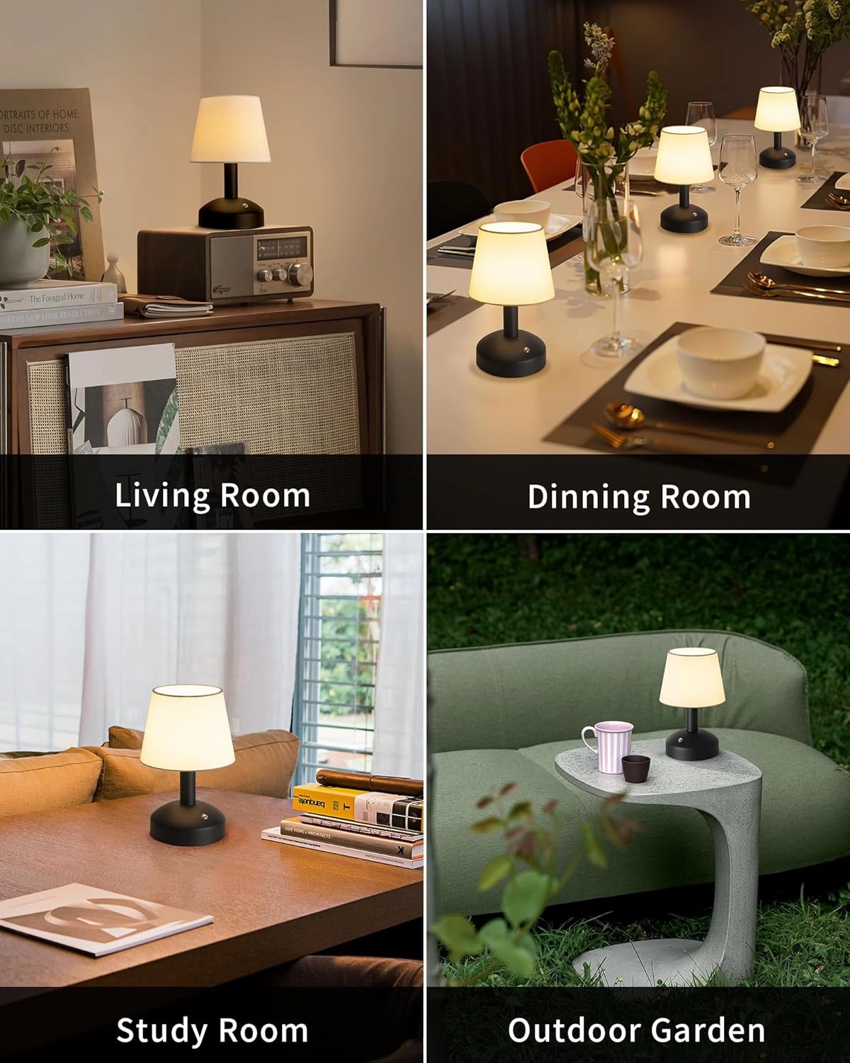 KDG Modern Cordless Small Table Lamp Set of 2, Portable LED Fabric Shade Desk Lamps, 5000mAh Rechargeable Battery Operated Lighting for Bedroom, Bedside, Bar, Living Room, Dining Room (Black)