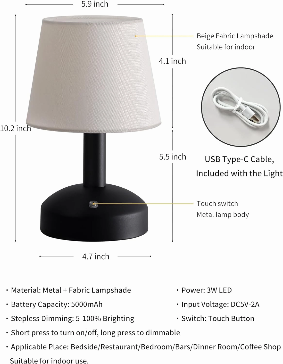 KDG Modern Cordless Small Table Lamp Set of 2, Portable LED Fabric Shade Desk Lamps, 5000mAh Rechargeable Battery Operated Lighting for Bedroom, Bedside, Bar, Living Room, Dining Room (Black)