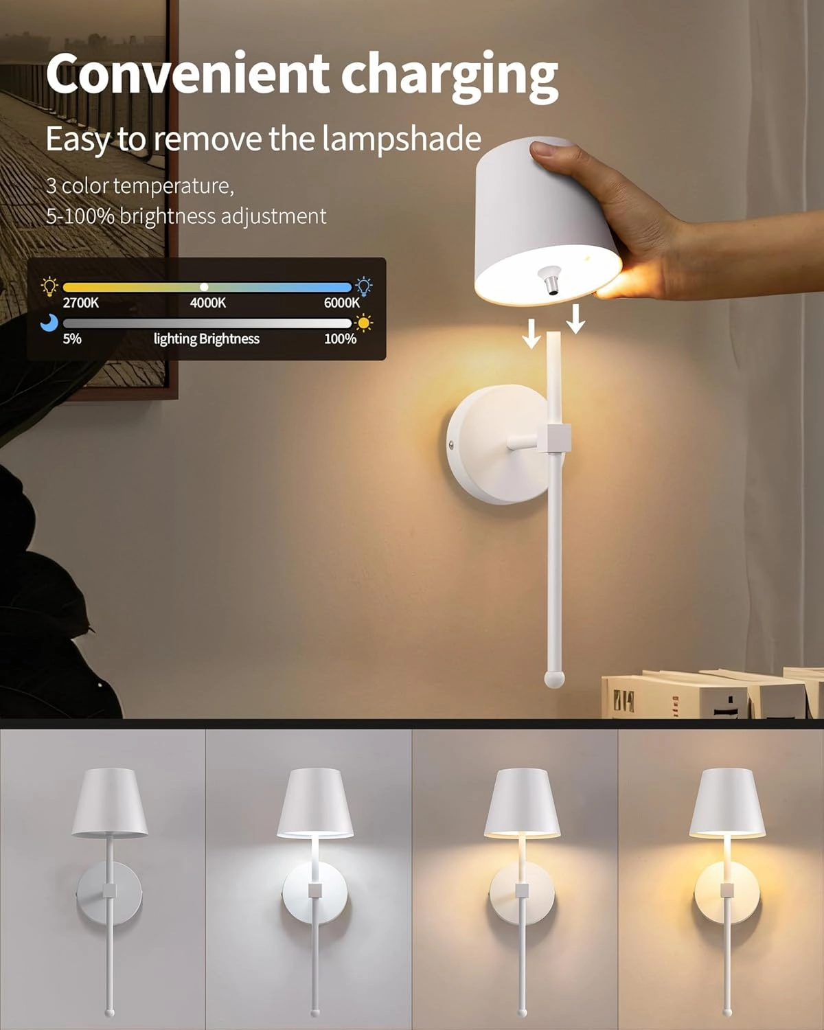 KDG Wireless Wall Sconces Set of 2, Small Cordless 5200mAh Rechargeable Battery LED Wall Lamps, Stepless Dimming Lightings for Wall Painting, Living Room, Bedroom, Hallway, Gifts, Night Light (White)