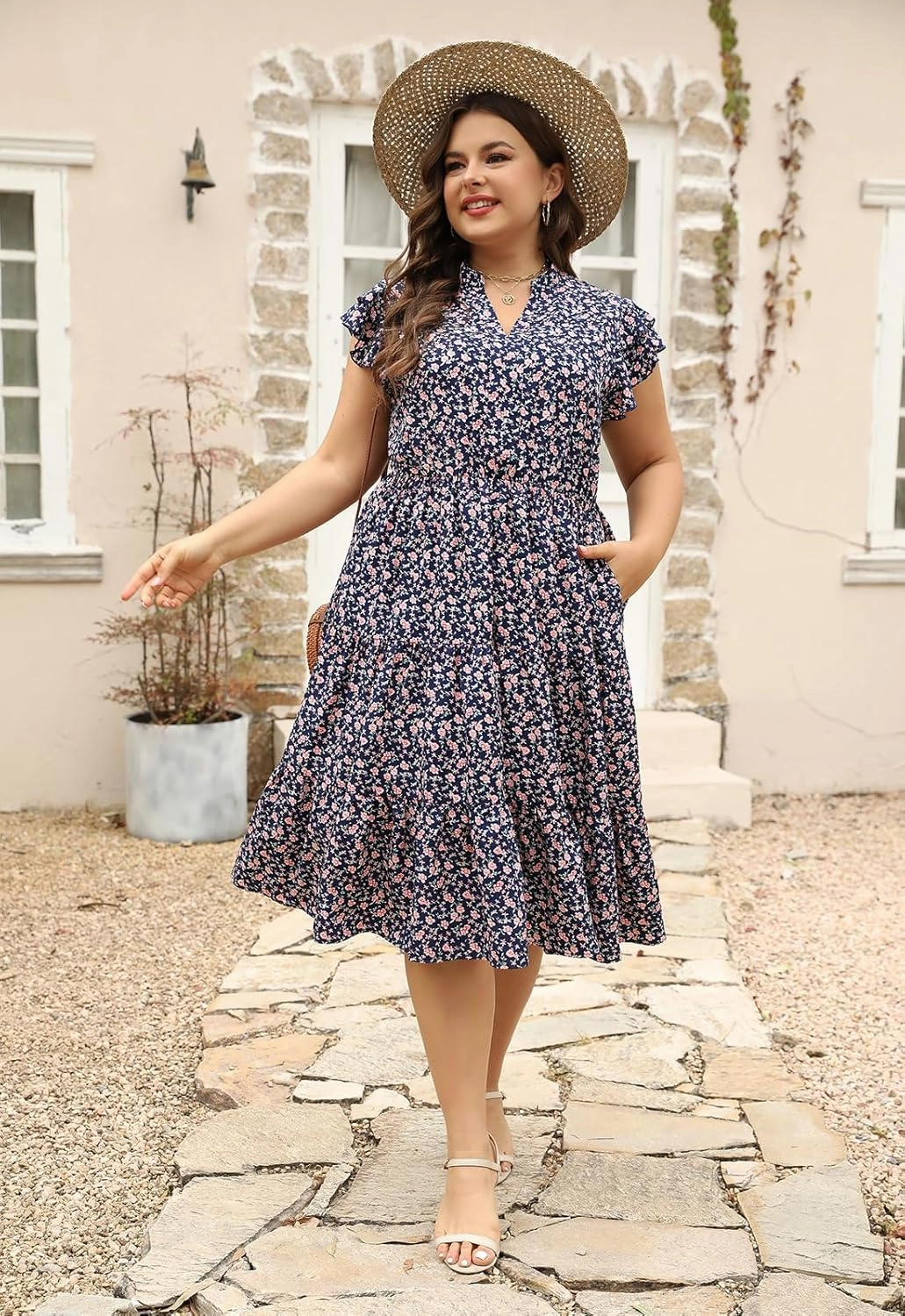 Keluummi Plus Size Wedding Guest Midi Dresses for Curvy Women, Summer Casual Floral Short Sleeve Work Sundress with Pockets