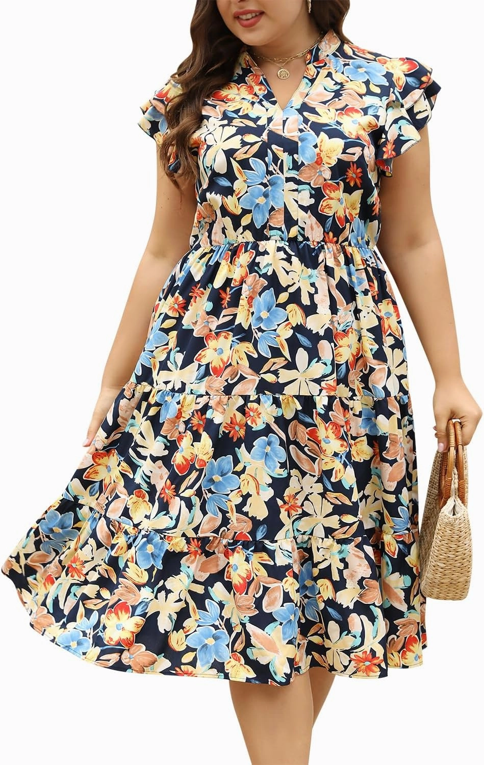 Keluummi Plus Size Wedding Guest Midi Dresses for Curvy Women, Summer Casual Floral Short Sleeve Work Sundress with Pockets