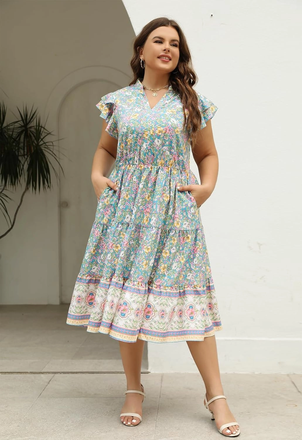 Keluummi Plus Size Wedding Guest Midi Dresses for Curvy Women, Summer Casual Floral Short Sleeve Work Sundress with Pockets