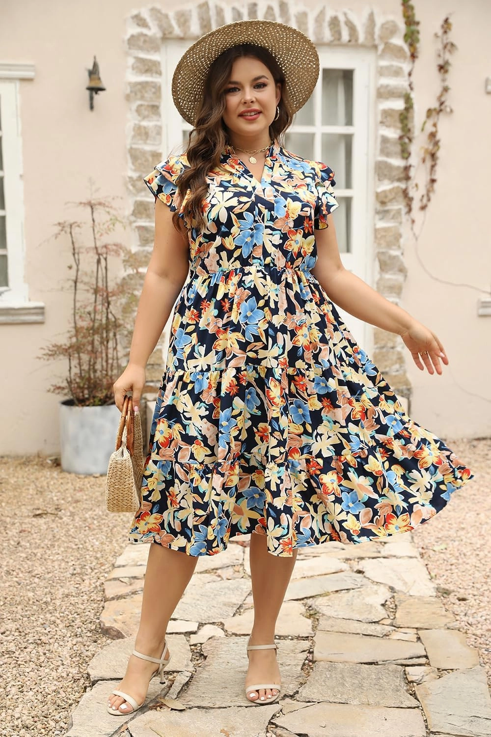 Keluummi Plus Size Wedding Guest Midi Dresses for Curvy Women, Summer Casual Floral Short Sleeve Work Sundress with Pockets