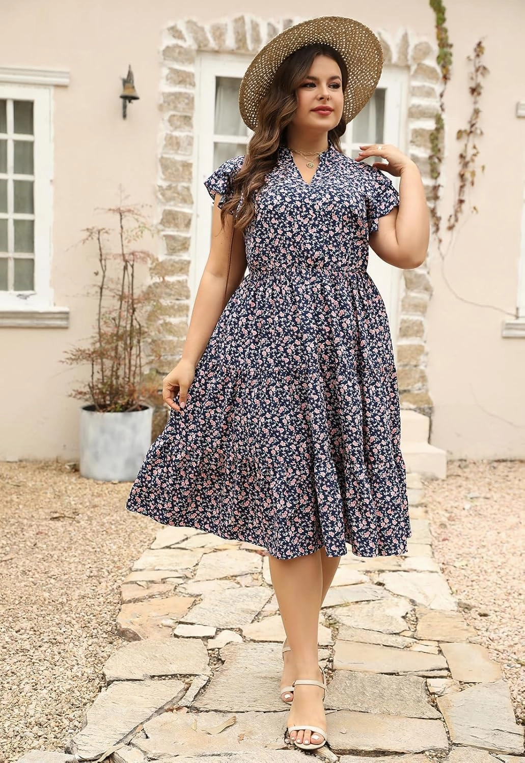 Keluummi Plus Size Wedding Guest Midi Dresses for Curvy Women, Summer Casual Floral Short Sleeve Work Sundress with Pockets