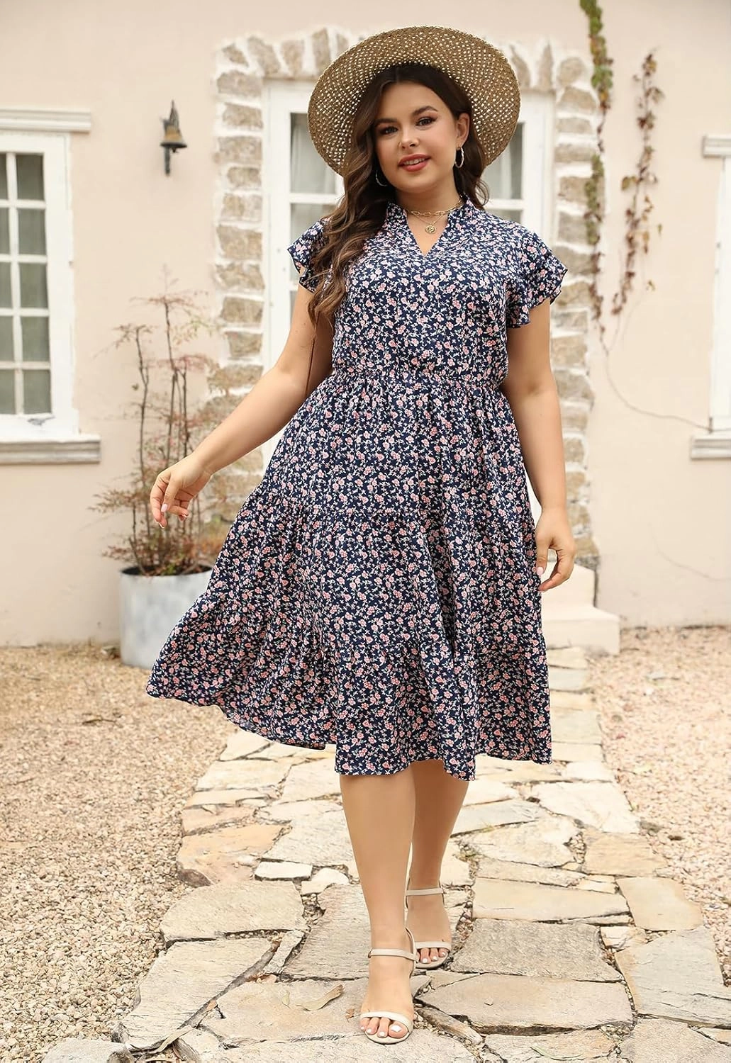 Keluummi Plus Size Wedding Guest Midi Dresses for Curvy Women, Summer Casual Floral Short Sleeve Work Sundress with Pockets
