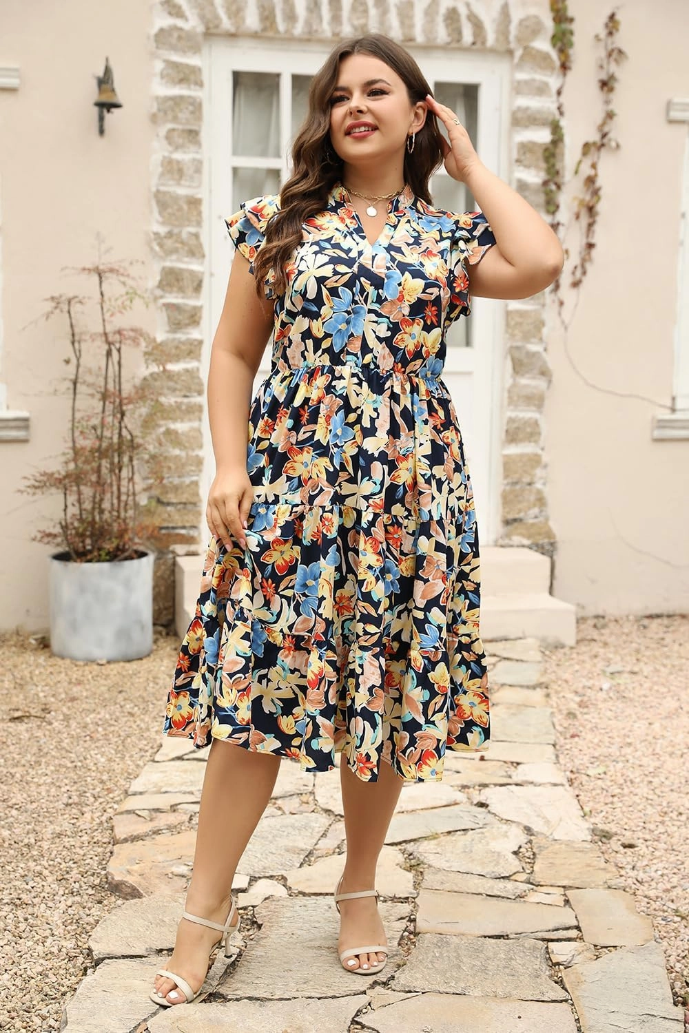 Keluummi Plus Size Wedding Guest Midi Dresses for Curvy Women, Summer Casual Floral Short Sleeve Work Sundress with Pockets