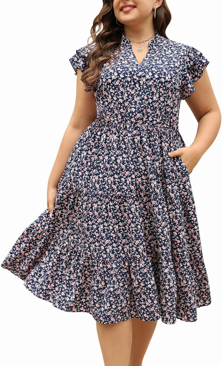 Keluummi Plus Size Wedding Guest Midi Dresses for Curvy Women, Summer Casual Floral Short Sleeve Work Sundress with Pockets