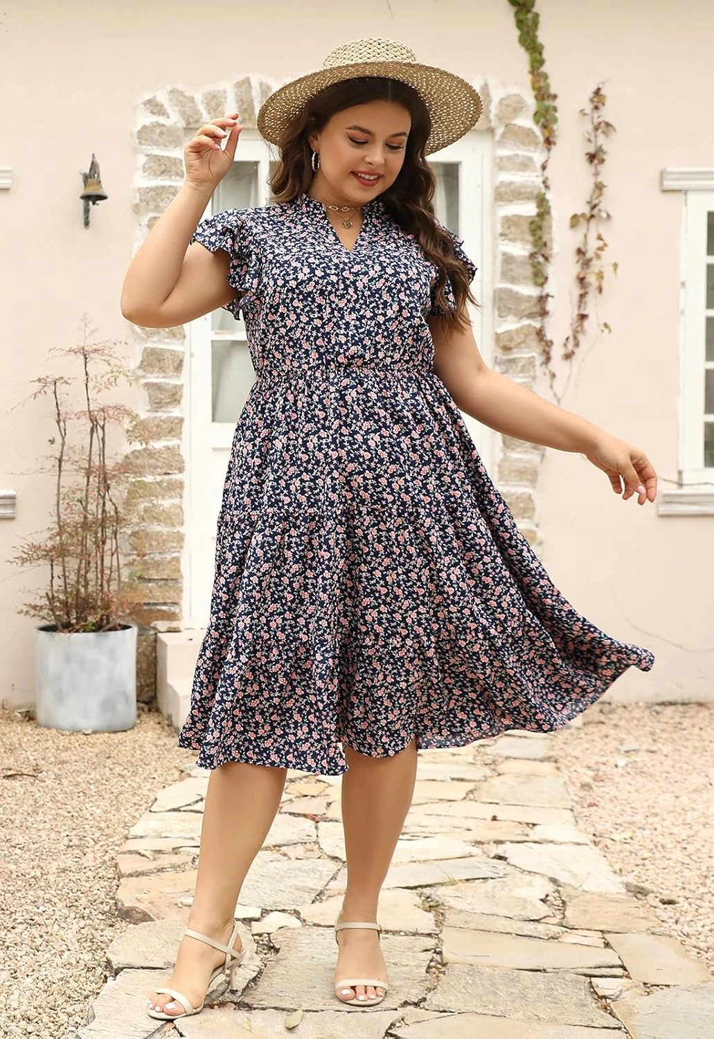 Keluummi Plus Size Wedding Guest Midi Dresses for Curvy Women, Summer Casual Floral Short Sleeve Work Sundress with Pockets