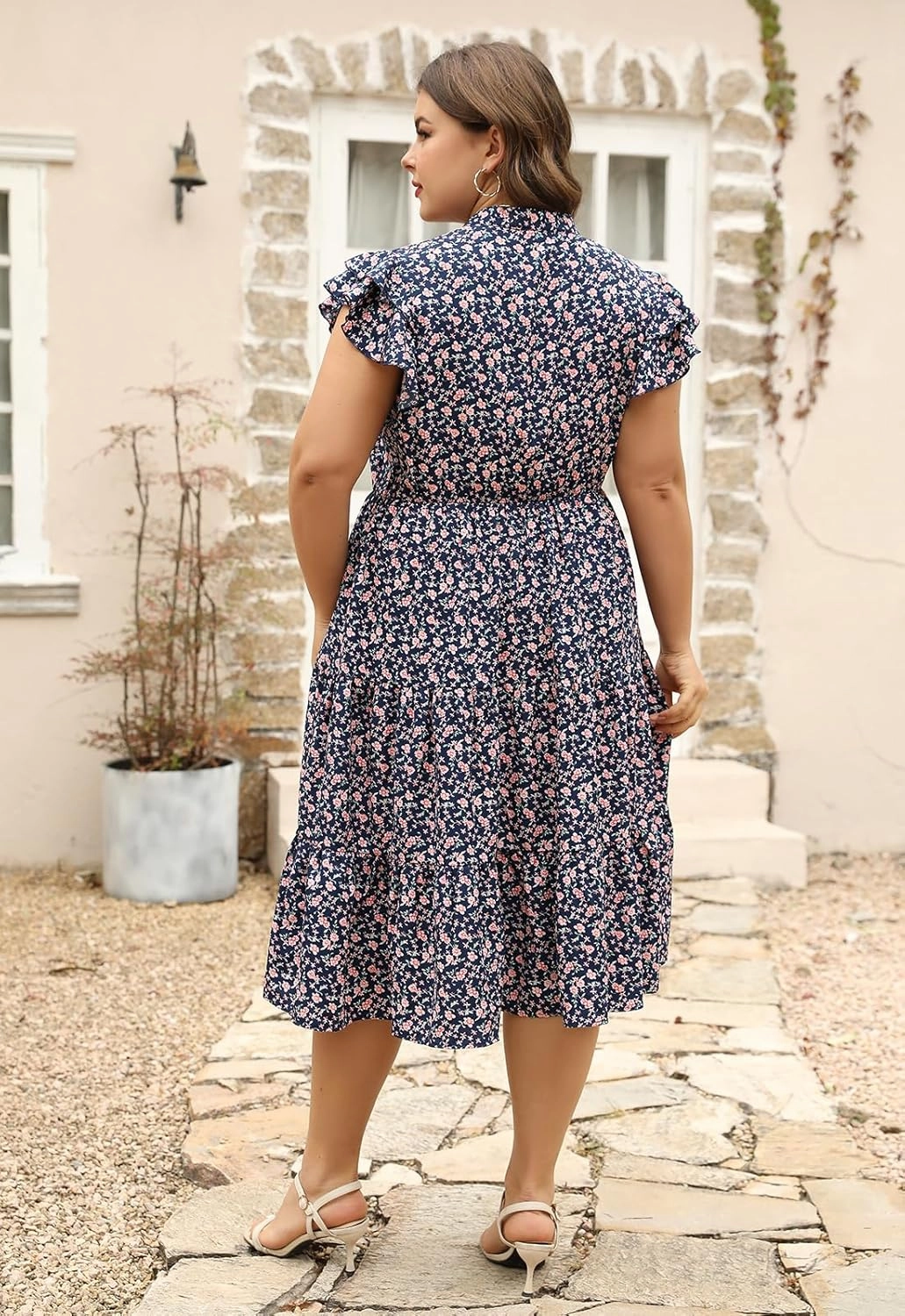 Keluummi Plus Size Wedding Guest Midi Dresses for Curvy Women, Summer Casual Floral Short Sleeve Work Sundress with Pockets