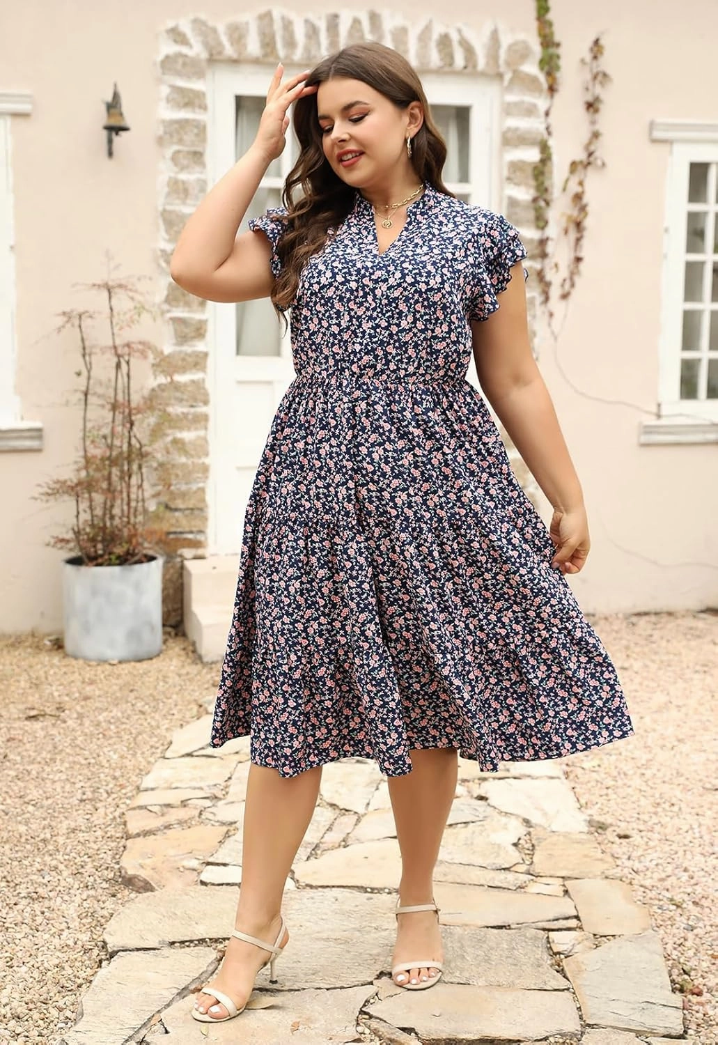 Keluummi Plus Size Wedding Guest Midi Dresses for Curvy Women, Summer Casual Floral Short Sleeve Work Sundress with Pockets