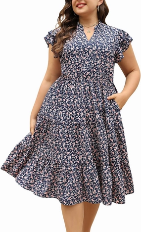 Keluummi Plus Size Wedding Guest Midi Dresses for Curvy Women, Summer Casual Floral Short Sleeve Work Sundress with Pockets