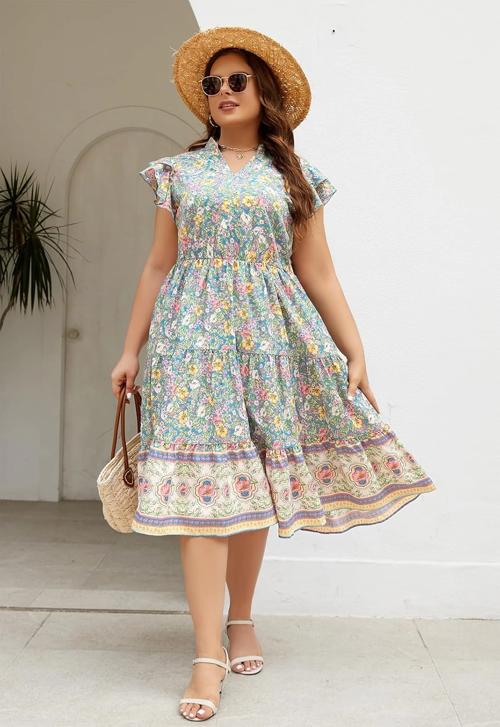 Keluummi Plus Size Wedding Guest Midi Dresses for Curvy Women, Summer Casual Floral Short Sleeve Work Sundress with Pockets