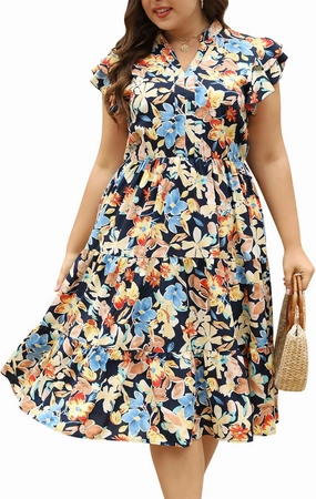 Keluummi Plus Size Wedding Guest Midi Dresses for Curvy Women, Summer Casual Floral Short Sleeve Work Sundress with Pockets