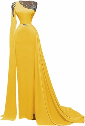 Keting Yellow Satin Crystals Mermaid Prom Evening Shower Party Dress Celebrity Pageant Gown