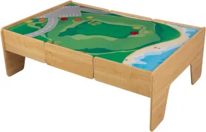 KidKraft Double-Sided Wooden Train and Activity Table with Built-in Storage Drawer, Natural, Gift for Ages 3 