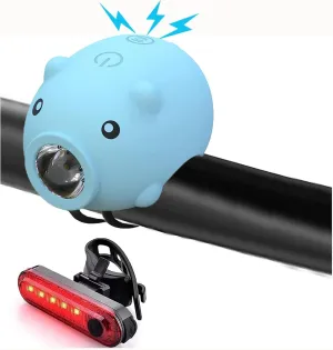 Kids Bike Lights for Night Riding, Girls Bike Horn and Light 2 in 1, Rechargeable Bike Scooter Headlight and Tail Light Set for Boys Adults, 3 Lighting Mode, Cute Bicycle Accessories